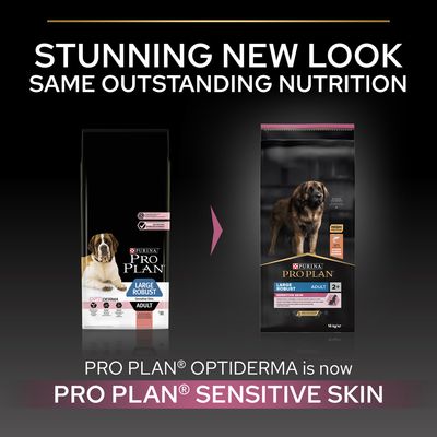 Purina Pro Plan Large Robust Adult kutyatáp csomagolásváltás: Optiderma Sensitive Skin helyett Sensitive Skin, 14 kg. Felirat: Stunning new look, same outstanding nutrition.