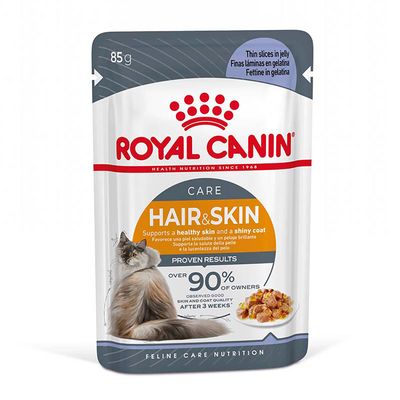 ROYAL CANIN Hair & Skin macskaeledel tasak, vékony szeletek kocsonyában. Szöveg: Segít támogatni az egészséges bőrt és fényes szőrzetet. 90% of owners observed good skin and coat quality after 3 weeks.