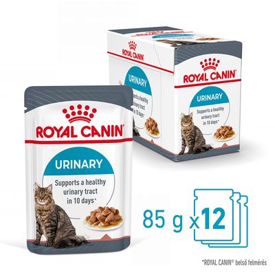 ROYAL CANIN URINARY macskaeledel, 85 g x 12 tasak. Felirat: Supports a healthy urinary tract in 10 days*. Csomagoláson macska és eledel képe látható.