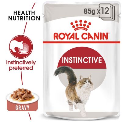 Royal Canin Instinctive macskaeledel, 85 g x 12 csomag, gravy. Feliratok: Health Nutrition, Instinctively preferred, Gravy. Csomagoláson macska képe látható.