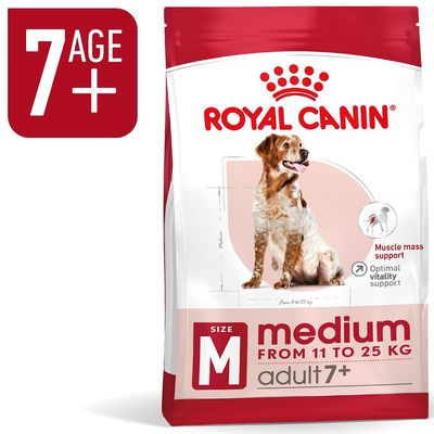 Royal Canin medium adult 7+ kutyatáp, közepes testű (11–25 kg) felnőtt kutyáknak, Muscle mass support, Optimal vitality support feliratokkal, 7 AGE+ jelzés