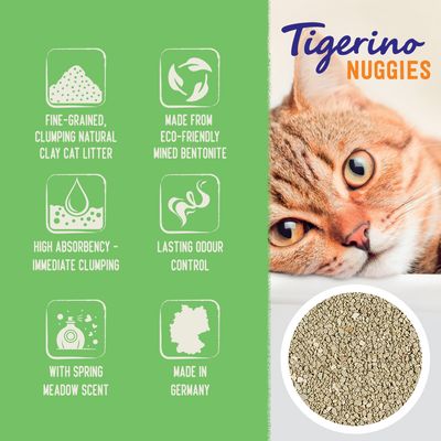Fine-grained, clumping natural clay cat litter made from eco-friendly mined bentonite, high absorbency, lasting odour control, spring meadow scent, made in Germany.