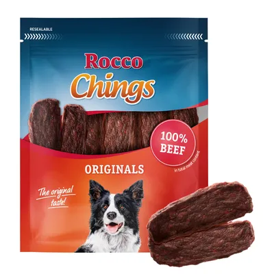 Rocco Chings Originals, 100% marhahús, csomag szárított húscsíkokkal és kutyaképpel. Rocco Chings Originals, 100% marhahús, csomag szárított húscsíkokkal és kutyaképpel.