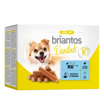 Briantos Dentals, 56 rúd, mini 5-10 kg, 8 ágú csillag alak, állatorvosok által fejlesztve, alacsony zsírtartalom. Briantos Dentals, 56 rúd, mini 5-10 kg, 8 ágú csillag alak, állatorvosok által fejlesztve, alacsony zsírtartalom.