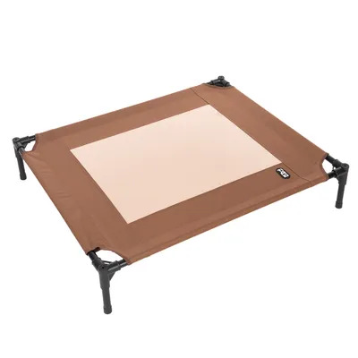 Braunes erhöhtes Liegebett mit stabilem Metallrahmen und Stofffläche, geeignet für Haustiere. Sichtbares Logo: FEANDREA. Braunes erhöhtes Liegebett mit stabilem Metallrahmen und Stofffläche, geeignet für Haustiere. Sichtbares Logo: FEANDREA.