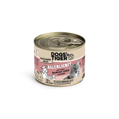 Dogs'n Tiger Schlemmer-Menü Allerliebst, szaftos marha májjal és sütőtökkel, 70% marha és csirke, húslakoma felnőtt macskáknak. Dogs'n Tiger Schlemmer-Menü Allerliebst, szaftos marha májjal és sütőtökkel, 70% marha és csirke, húslakoma felnőtt macskáknak.