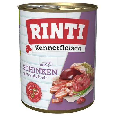 RINTI Kennerfleisch mit Schinken, getreidefrei. RINTI seit 1983 Original. Abgebildet: Fleischstücke und Zutaten. RINTI Kennerfleisch mit Schinken, getreidefrei. RINTI seit 1983 Original. Abgebildet: Fleischstücke und Zutaten.
