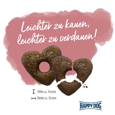 Happy Dog krokete u obliku srca, lakše za žvakanje i probavu. Dimenzije: visina cca 16 mm, širina cca 16 mm.
