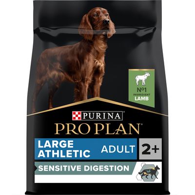 Purina Pro Plan Large Athletic Adult 2+ Sensitive Digestion kutyatáp, fő összetevő: bárány. Feliratok: LARGE ATHLETIC, ADULT, SENSITIVE DIGESTION, NO1 INGREDIENT LAMB.