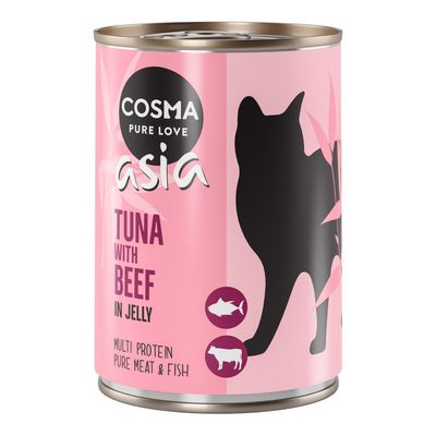 Cosma Asia macskaeledel konzerv, íz: tonhal lazaccal zselében. Multi Protein, tiszta hal. Rózsaszín csomagolás fekete macskasziluettel és hal szimbólumokkal.