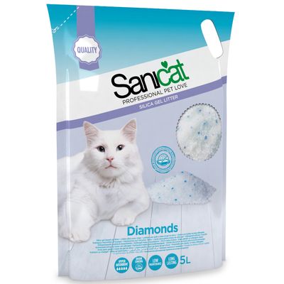Sanicat Diamonds Silica Gel Katzenstreu, 5L. Hyper absorbent, geruchskontrollierend, pflegeleicht und langanhaltend. Qualitätssiegel sichtbar.