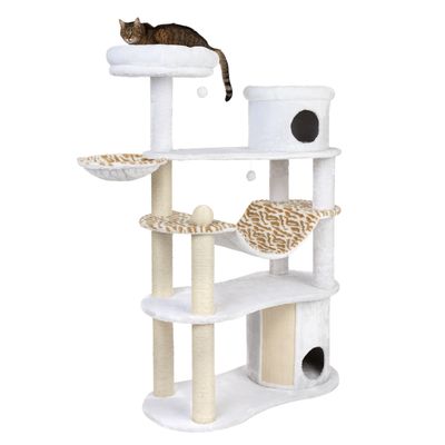 Cat tree with multiple levels, cave, hammock and resting areas. White design with beige patterned elements. Cat lying on top platform.