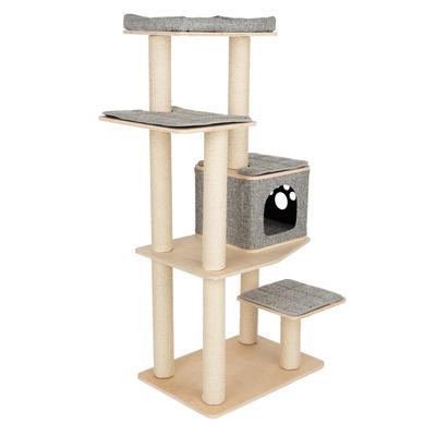 Cat tree made of wood with grey resting areas, cave with paw motif and multiple levels. Sisal-wrapped posts for claw care.