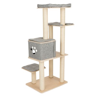 Cat tree with multiple levels, sisal posts and grey resting areas. Integrated cave with paw motif on the front.