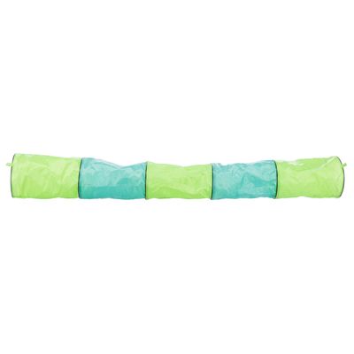 Túnel de juguete en verde y azul, alargado y plegable.