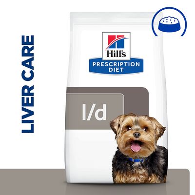 Hill's Prescription Diet l/d kutyatáp csomagolás, rajta egy kis termetű kutya képe. Bal oldalon 'LIVER CARE' felirat, jobb felső sarokban tál szimbólum látható.