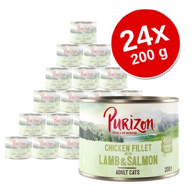 Purizon Chicken Fillet z jagnięciną i łososiem, dla dorosłych kotów, 45% filet z kurczaka, opakowanie 24 puszek po 200 g.