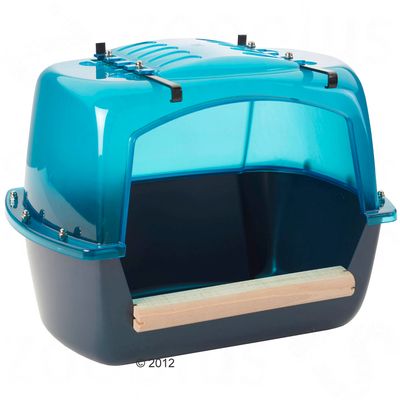 Bird bath made of plastic with transparent blue roof and wooden perch, suitable for cage mounting.