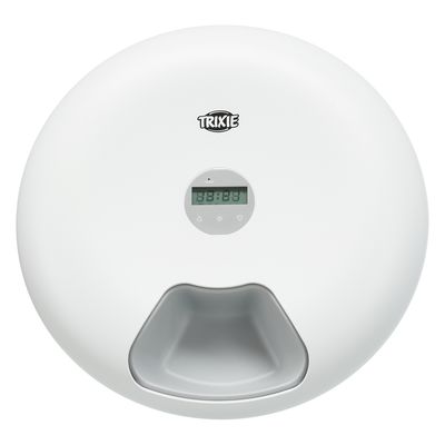 Trixie automatyczny podajnik karmy z wyświetlaczem cyfrowym, biały, port USB, napełniony suchą karmą.