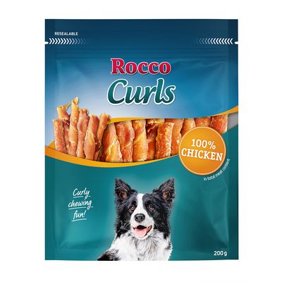 Rocco Curls, 100% csirke, 200 g. Hullámos rágófalat. Visszazárható csomagolás kutya képével.