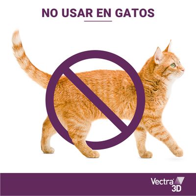 Texto: NO USAR EN GATOS. Imagen de un gato con símbolo de prohibido y logotipo Vectra 3D en la parte inferior derecha.