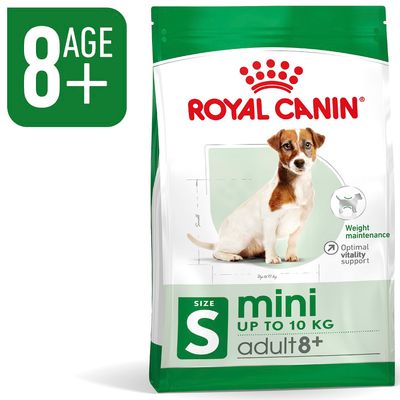 Royal Canin mini adult 8+ kutyatáp, S méret, 10 kg-ig, 8 év feletti kutyáknak. Weight maintenance, optimal vitality support feliratok láthatók.