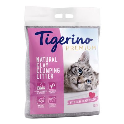 Tigerino Premium Natural Clay Clumping Litter, with baby powder scent, 12 kg. Ultra absorbent, brzo uklanjanje mirisa, trenutno zgrudnjavanje, vrlo malo prašine. Slika mačke na pakiranju.