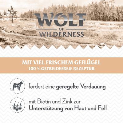Wolf of Wilderness. S puno svježeg peradi, 100% recept bez žitarica. Potiče urednu probavu. S biotinom i cinkom za podršku kože i dlake.