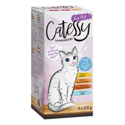 Catessy Fine Paté, 800 g-os doboz és 100 g-os tálka. Fajták: borjú és szárnyas, pulyka, marha. Hozzáadott cukor nélkül. Macska illusztráció a csomagoláson.