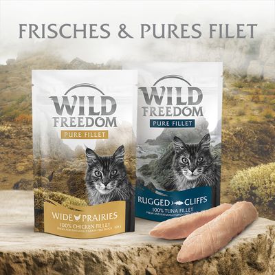 Wild Freedom Pure Fillet macskaeledel. Fajták: Wide Prairies csirkével, Rugged Cliffs tonhallal. Friss, tiszta filé, gabonamentes. Látható csomagolás és filédarabok.