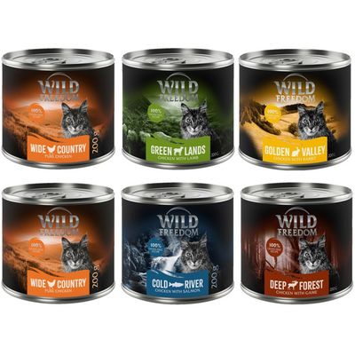 Wild Freedom Wide Country Chicken, 100% grain-free recipe, 12 x 200g tins. Visible cat image on label. Large red circle with white text: 12x 200g.