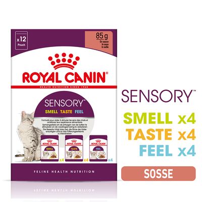 Royal Canin Sensory macskaeledel szószban, 12 tasak 85g: Smell x4, Taste x4, Feel x4. Feline Health Nutrition.