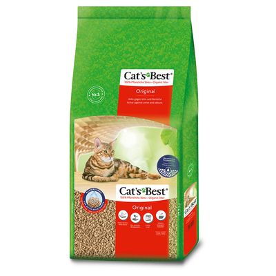 Cat's Best Original, 100% pflanzliche Streu, aktiv gegen Urin und Gerüche. Klumpstreu mit hoher Saugkraft, biologisch abbaubar. Verpackung zeigt Katze und Produktdetails.