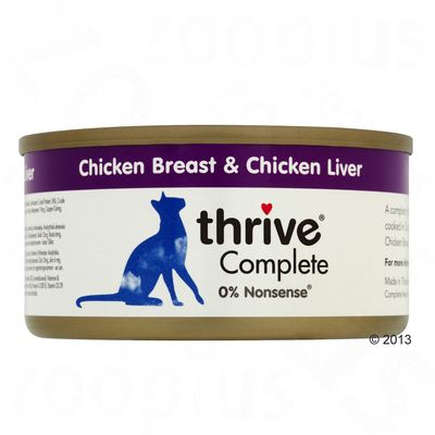 thrive Complete Chicken Breast 24 x 75g tins, yellow and white packaging with blue cat silhouette, visible text: 0% Nonsense