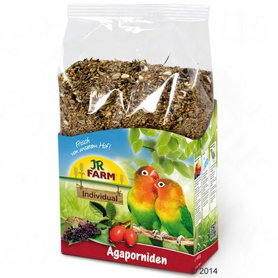 JR Farm Individual Agaporniden, eleségkeverék agapornisoknak, frissen a gazdaságból, csomagolás két papagájjal és összetevők képével.
