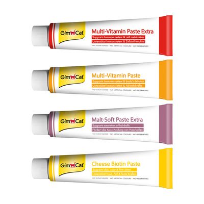 GimCat Multi-Vitamin Paste con Immun-Booster Complex, contiene 12 vitaminas, beta-glucano y aceites. Apoya el sistema inmunitario y las defensas. Sin azúcares añadidos, colorantes artificiales ni conservantes.