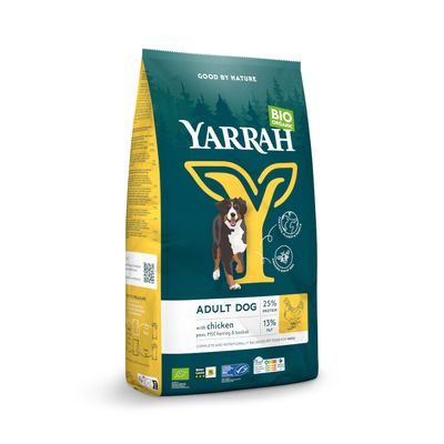 Yarrah Bio Adult Dog száraz kutyatáp csirkével, borsóval, MSC heringgel és baobabbal. 25% fehérje, 13% zsír. Tanúsított bio, mesterséges adalékok nélkül.