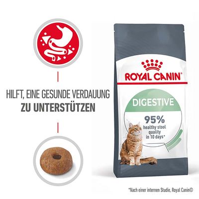Royal Canin Digestive Katzenfutter. Hilft, eine gesunde Verdauung zu unterstützen. 95% gesunde Stuhlqualität in 10 Tagen laut interner Studie. Abgebildet: Krokettenform und Verpackung.