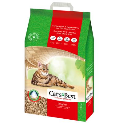 Cat's Best Original mačji pijesak od biljnih vlakana, europski br. 1, grudajući i kapsulirajući, s prirodnom zaštitom od mirisa, pakiranje prikazuje mačku i detalje proizvoda.