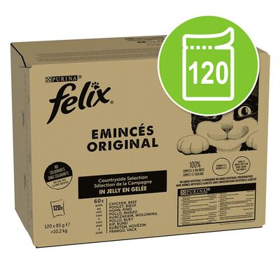Purina Felix Emincés Original Countryside Selection aszpikban, 120x85g. Színezék nélkül, 100% kiegyensúlyozott, csirkével és marhával. Csomag súlya: 10,2kg.