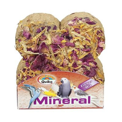 Bloques minerales Quiko Flower Mix para aves, con pétalos visibles y texto: Mineral. Imagen de periquitos y loros en el envase.
