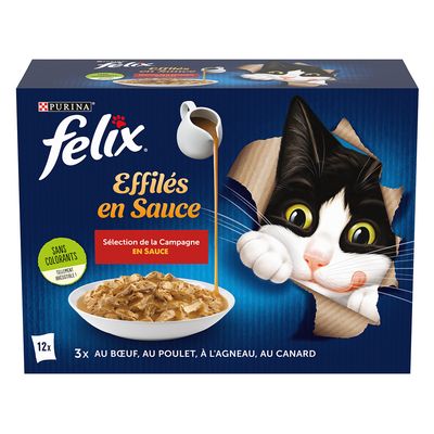 Purina Felix Effilés en Sauce, válogatás szószban, színezék nélkül. 12 adagos csomag: marha, csirke, bárány, kacsa.