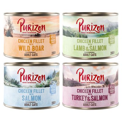 Purizon Chicken Fillet z jagnięciną i łososiem, dla dorosłych kotów, 45% filet z kurczaka, opakowanie 24 puszek po 200 g.