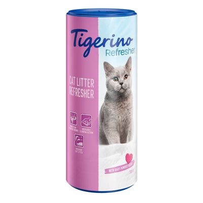 Tigerino Refresher, macskaalom frissítő baba púder illattal, 700g. Semlegesíti a szagokat, javítja a csomósodást, felfrissíti az almot.