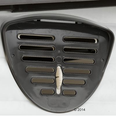 Crni ventilacijski rešetkasti poklopac izbliza s podesivim bijelim klizačem za regulaciju zraka, pogodan za transportne kutije.