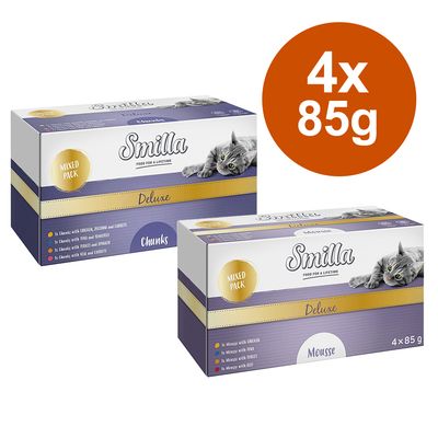Smilla Deluxe vegyes csomag macskaeledel, 4x85g. Változatok: falatok csirkével, pulykával, lazaccal, vaddal; mousse csirkével, tonhallal, pulykával, tojással.