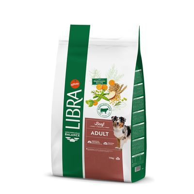 Libra Adult comida para perros con ternera, receta mediterránea, 14 kg. Contiene apoyo digestivo y proteína. El envase muestra ingredientes y foto de un perro.