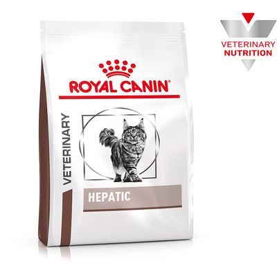 Royal Canin Veterinary Nutrition Hepatic macskaeledel, csomagolás macska képével és barna dizájnnal.