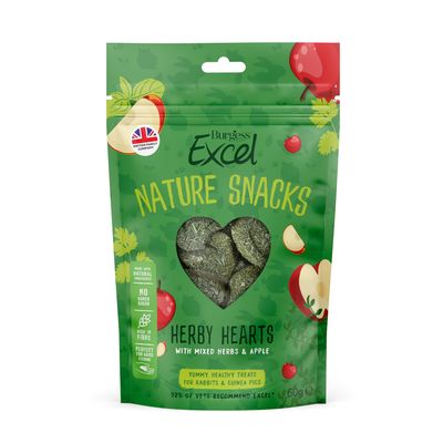 Nature Snacks Herby Hearts with mixed herbs and apple, high in fibre, no added sugar, made with natural ingredients, perfect for hand feeding. 60g pack.