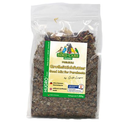 Hugro Bird Care Premium nagy papagáj eledel, magkeverék hullámos papagájoknak, napraforgómag nélkül, nettó tömeg 1 300 g, made in Germany.